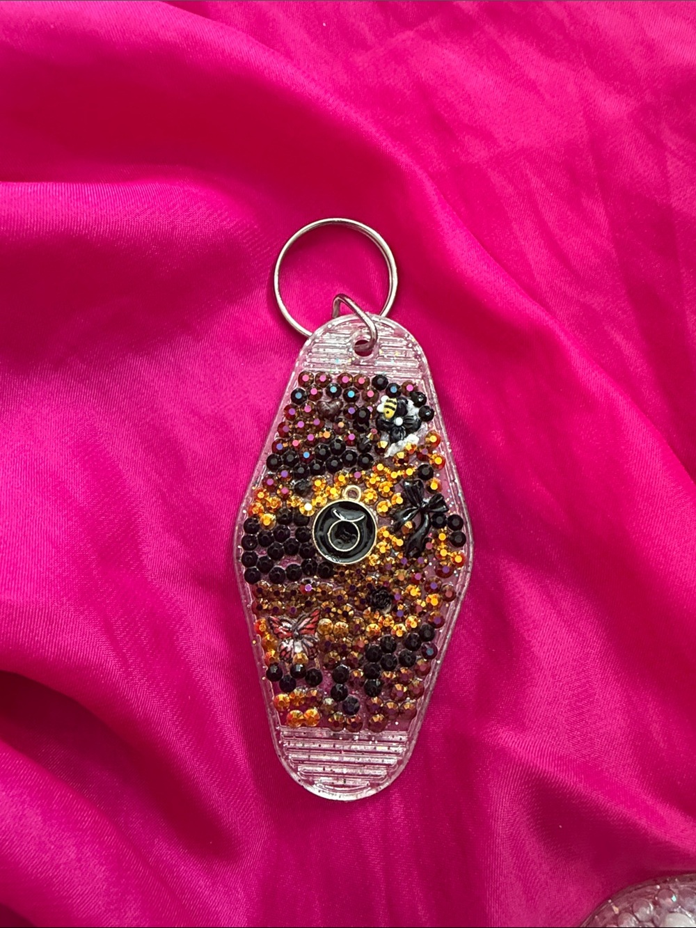 Glitter Taurus Keychain with Black and Gold Rhinestones